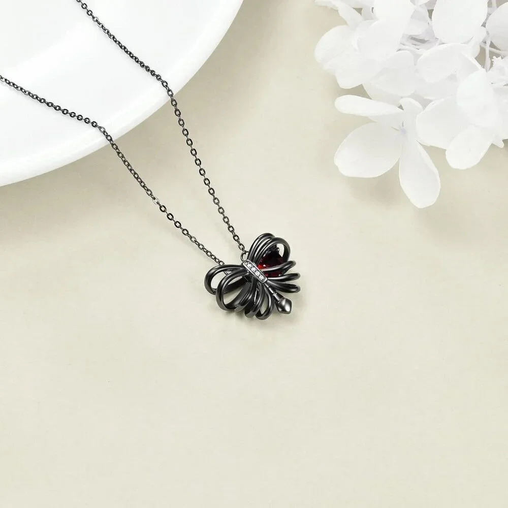 Sterling Silver Skull Necklace Gothic Rib Heart Pendant Gift for Women